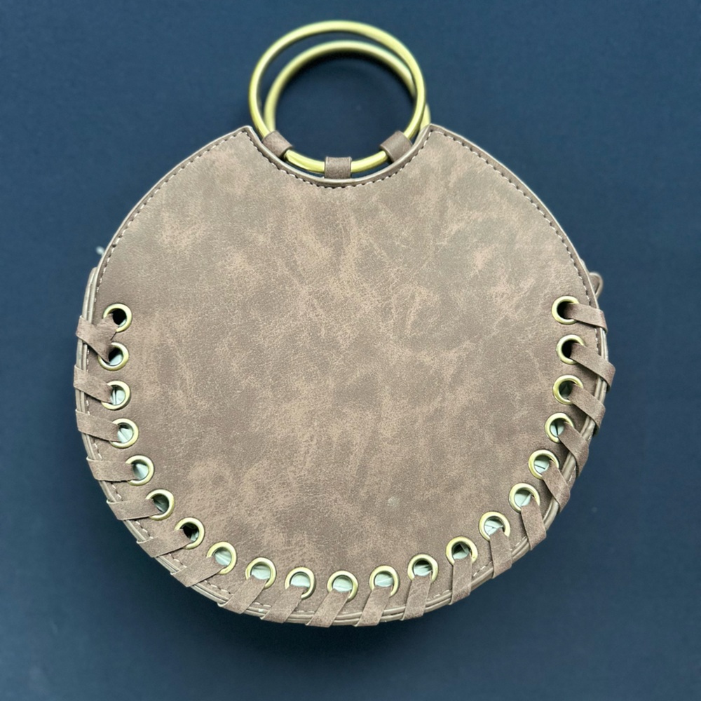 Anthropology Round Taupe Handbag with Gold Accents